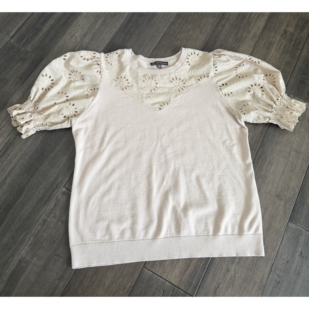 Adrianna Papell Ivory Eyelet‎ Puff Sleeve Knit Top Sweater Women's Size M